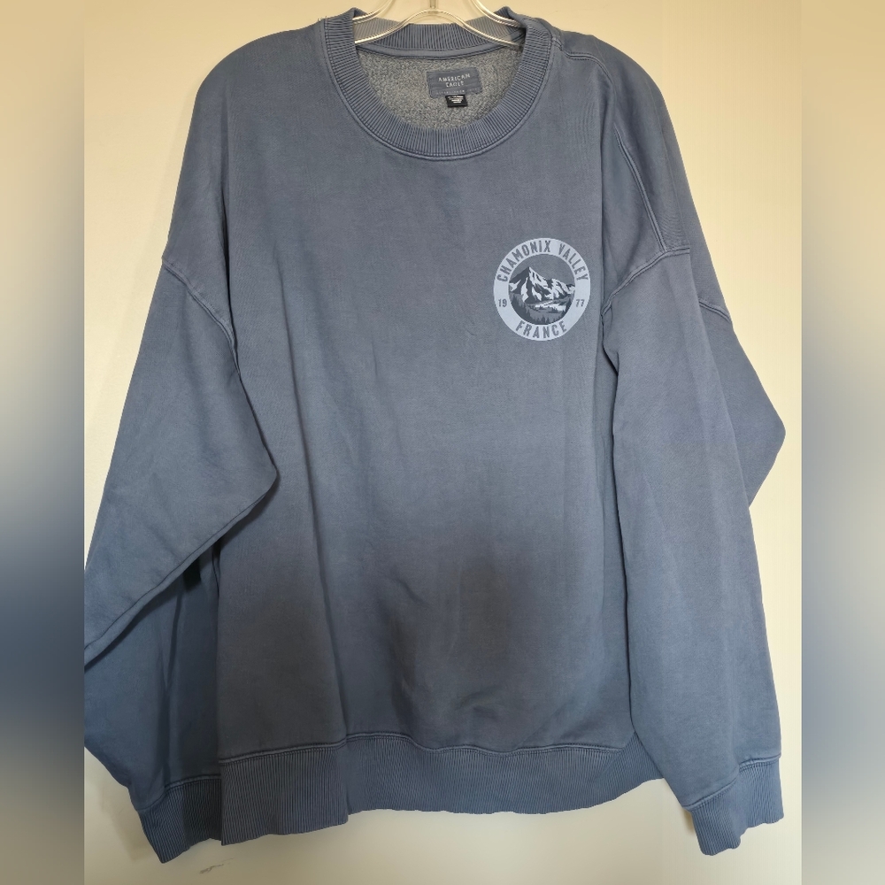 American Eagle Outfitters Slate Blue Crewneck Sweatshirt with Chest Graphic